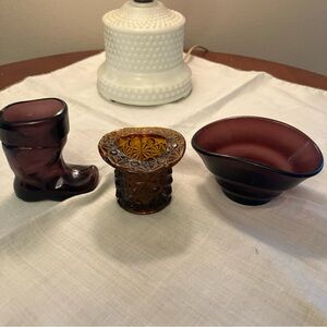 3 Vintage Glass Collectibles perfect Fenton glass/Lapikas Boot/Amethyst sm bowl